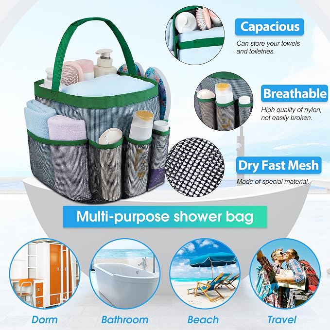 Attmu Mesh Shower Caddy Portable for College Dorm Room Camping Essentials, Shower Caddy Dorm with 9-Pockets, Large Capacity Hanging Basket Bathroom Bag for Toiletry, Swimming, Gym, Camp, Beach - Image 2