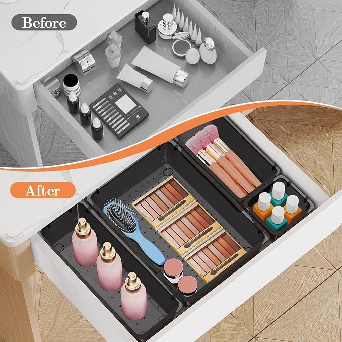 SpaceHacks 25 PCS Plastic Drawer Organizer Set, 4-Size Versatile Organizer Tool Trays & storage Bins for Makeup, Jewelry, and Gadgets in Bathroom, Bedroom and Office,Clear Black - Image 4