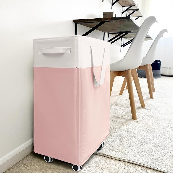 Goodpick Laundry Basket with Wheels 2-Pack, 75L Tall Clothes Hamper, Large Laundry Basket with Removable Wash Bag for Corner Dorm, Rolling Hamper, Pink&White - Image 8