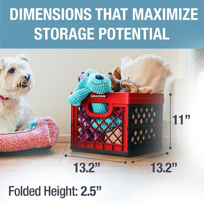 CleverMade Collapsible Milk Crate 25L (6.6 Gal), 50 lb Capacity Heavy Duty Folding Crate – Stackable Storage Crates with File Rails, Plastic Collapsible Crates - Red - Image 4