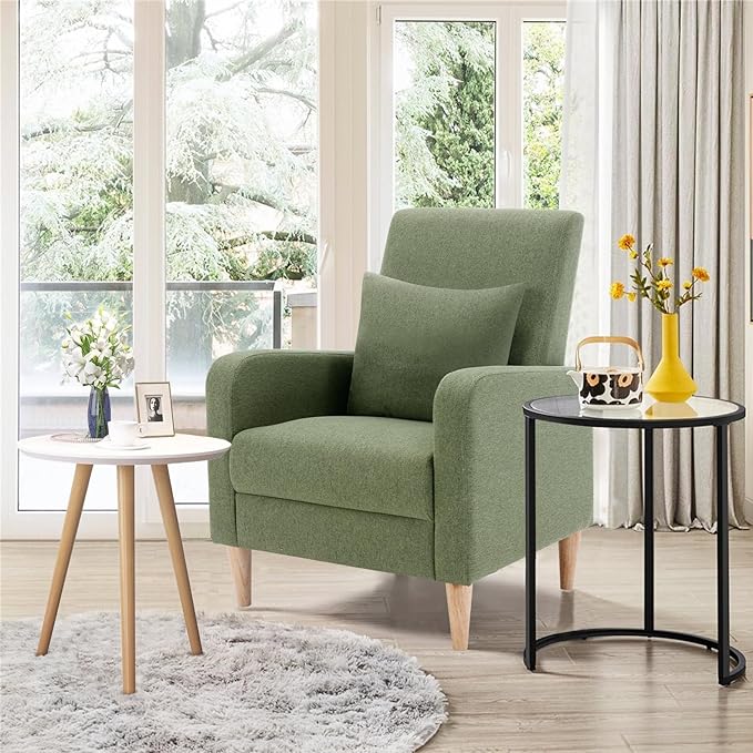 COLAMY Modern Upholstered Accent Chair Armchair with Pillow, Fabric Reading Living Room Side Chair,Single Sofa with Lounge Seat and Wood Legs, Green
