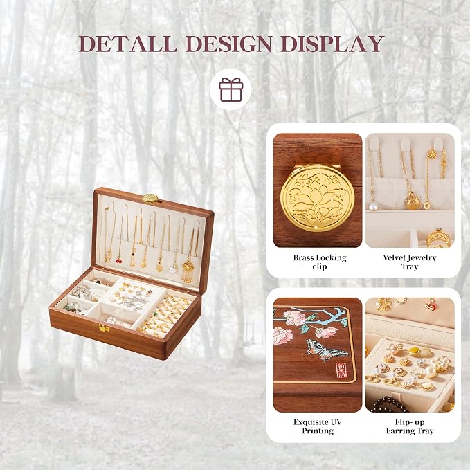 Travel Jewelry Case Small Wood Jewelry Organizer Jewelry Box for Women (Nut-Brown Print E) - Image 3