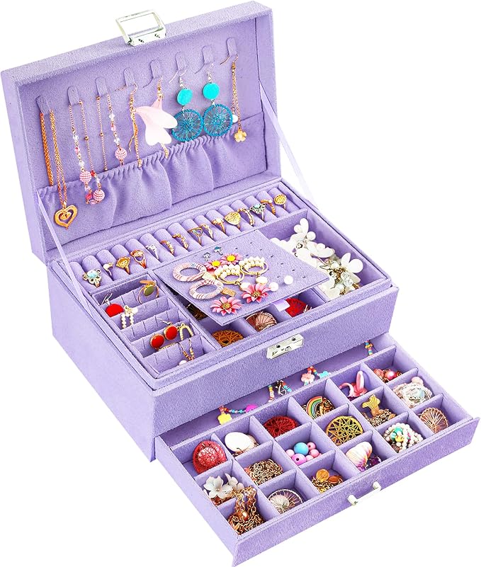 QBestry 3-Layer Jewelry Box for Girls & Teens with Lock and Key, Large Jewelry Organizer with 8 Necklace Hooks & 56 Earring Holes, Violet Velvet Jewelry Storage Box for Necklace Earring Ring Bracelet by QBestry