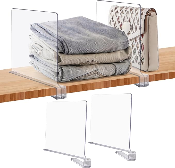 JOY DECOR 2 Pack Acrylic Clear Shelf Dividers for Closets Organizer and Storage Adjustable Vertical Wood Shelf Closet Separators for Clothes,Book,Bags in Bedroom and Kitchen by JOY+DECOR