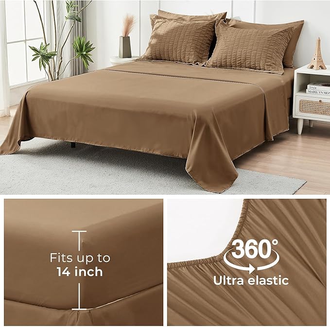 HYMOKEGE Brown King Size Comforter Set Seersucker 7 Pieces, All Season Luxury Bed in a Bag for Bedroom, Bedding Set with Comforter, Sheets, Pillowcases & Shams