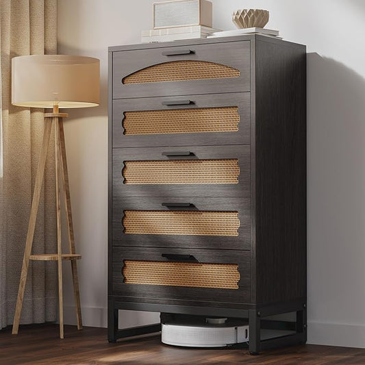 Mericonia 5 Drawer Rattan Dresser for Bedroom, Wood Tall Dresser for Closet with Metal Handles, Boho Nightstand Sets, Dressers & Chests of Drawers for Bedroom, Hallway and Entryway, Black