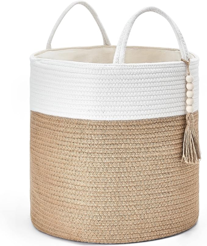 Mkono Woven Storage Basket Decorative Rope Basket Wooden Bead Decoration for Blankets,Toys,Clothes,Shoes,Plant Organizer Bin with Handles Living Room Home Decor, 15"Wx17.7"L,White and Yellow by Mkono