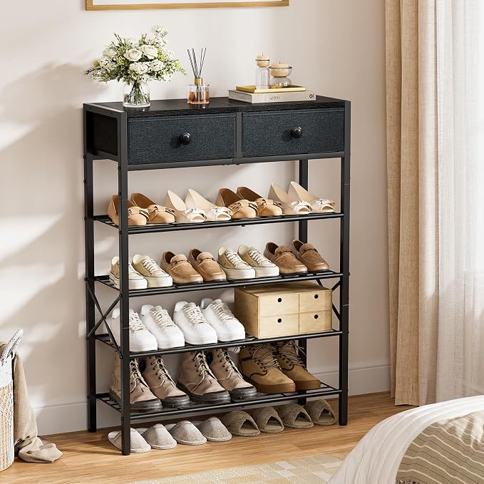 Shoe Rack for Entryway, 5 Tier Shoe Organizer with 2 Non-Woven Drawers, Metal Storage Shoe Shelf for 16-20 Pairs of Shoes, with Wooden Top and Steel Frame, Shoe Stand for Closet Black Grey - Image 2