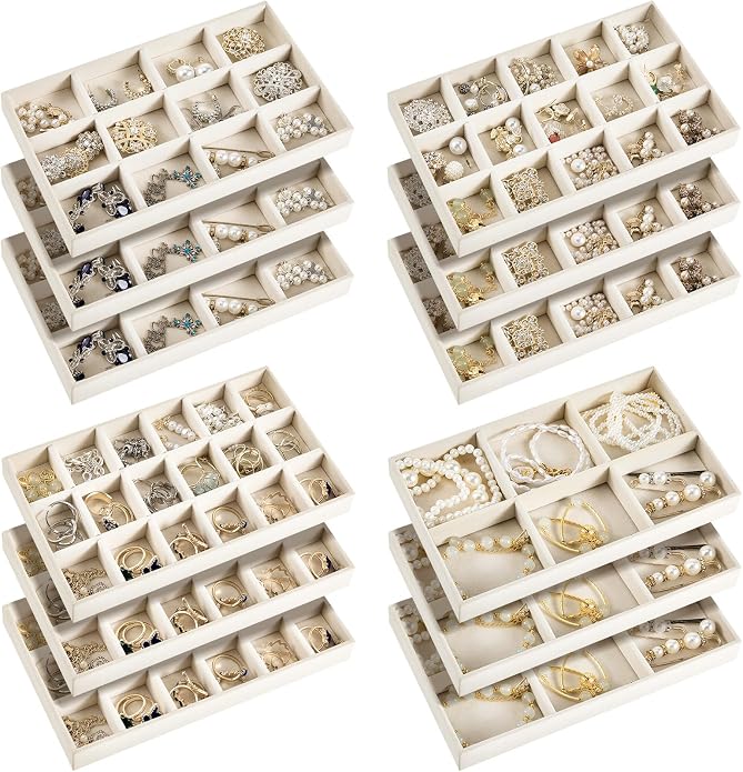 Junkin 12 Pcs Jewelry Tray Velvet Stackable Jewelry Organizer Trays Divided Earring Accessories Storage Containers Box (Rose Red) by Junkin