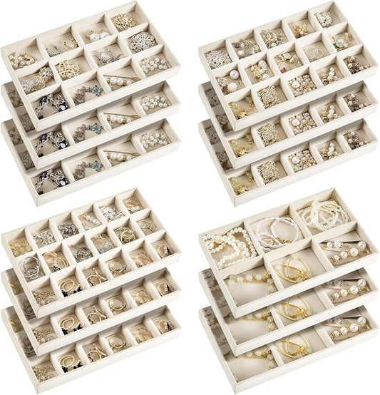 Junkin 12 Pcs Jewelry Tray Velvet Stackable Jewelry Organizer Trays Divided Earring Accessories Storage Containers Box (Rose Red) by Junkin