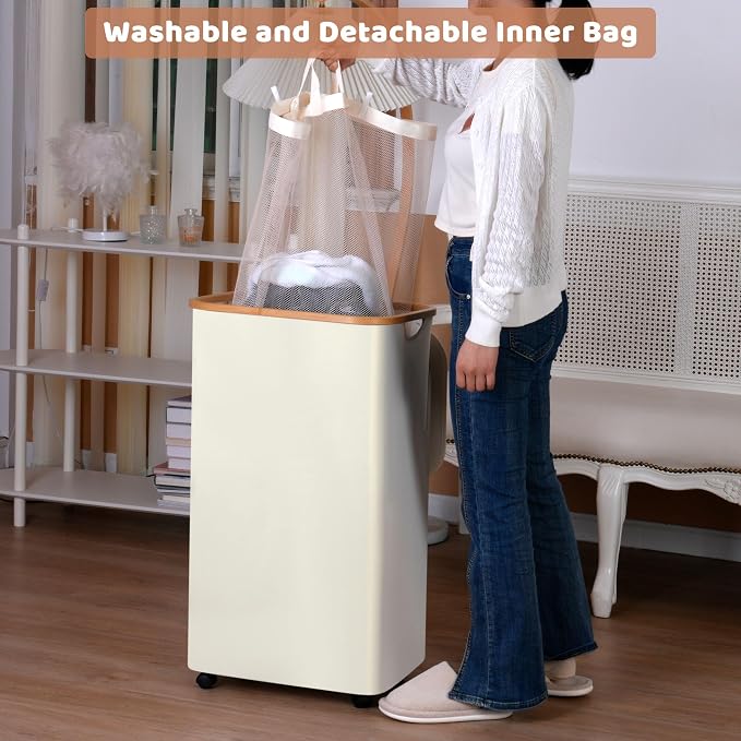 Laundry Basket with Wheels, 110L Beige Clothes Hamper for Laundry, Laundry Hamper with Lid and Inner Bag, for Laundry Room, Bedroom, Dormitory Storage,Beige - Image 2