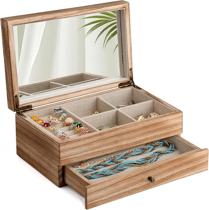 Meangood Jewelry Box Organizer for Women, 2 Layer Large Jewelry Storage Case, Rustic Wooden Jewelry Box with Mirror & Ring Tray for Necklace Earring Bracelets Rings, Vintage Style (Torched Wood) by Meangood