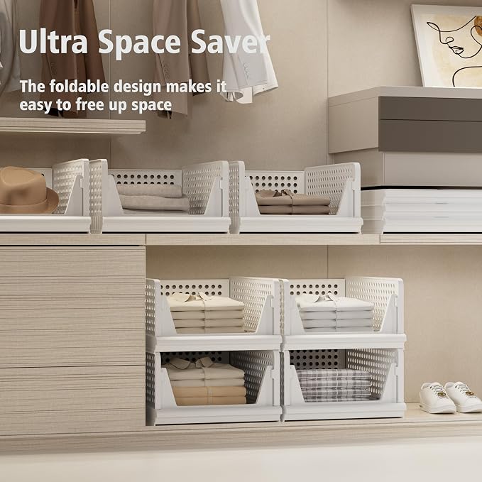 Proarea 5 Pack Stackable Plastic Storage Basket Closet Organizer Bin Foldable Clothes Organizer Storage Drawer Shelf Container for Living room Bathroom Kitchen Office (3L+2S), White, YG-3L2S - Image 4