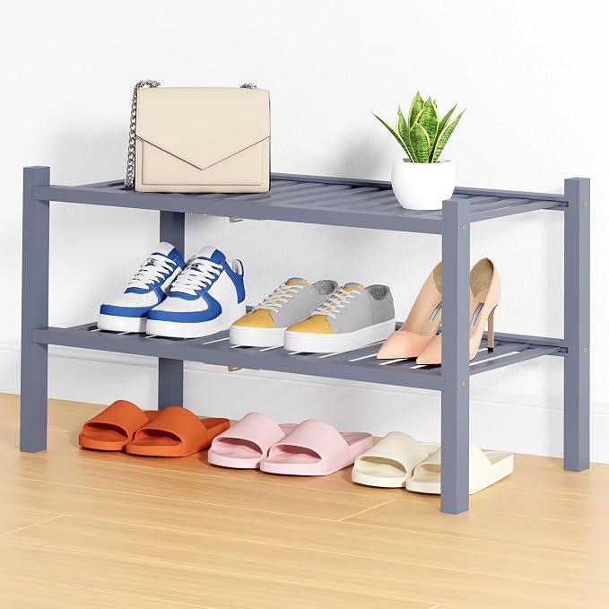 Smiry Shoe Rack, 2 Tier Thick Bamboo Shoe Organizer, Stackable Free Standing Wooden Shoe Storage Shelf for Closet, Entryway, Front Door Entrance, Grey by Smiry
