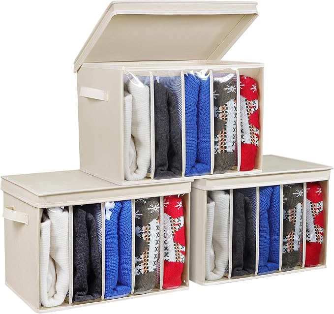 Zilink Upgraded Clothes Organizers with Lids and Support Boards Large Sweater Organizer for Closet Shelf with 5 Grids Divider Wardrobe Organizer for Sweaters, Jeans, Pants, Beige, 3 Pack by Zilink