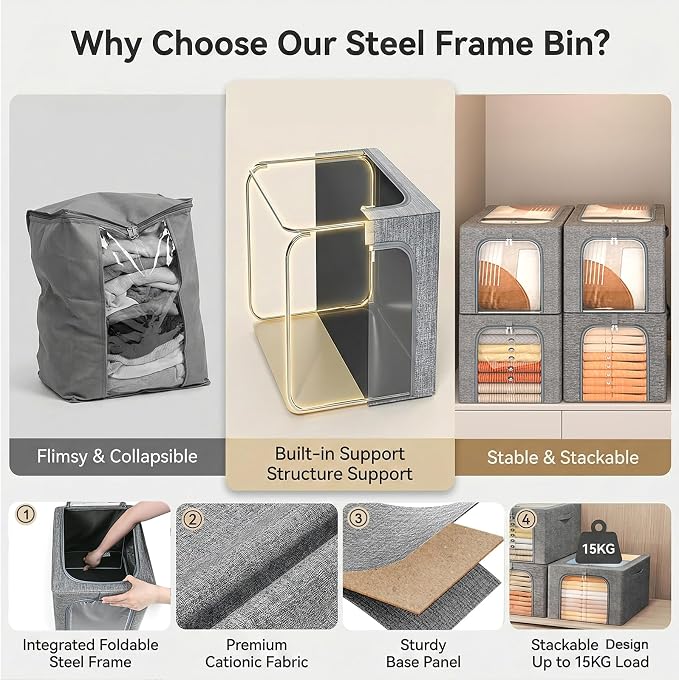 GoMaihe Clothes Storage Bin with Metal Frame: 6-Pack Stackable Closet Storage Bin with Lid & Clear Window, Sweater Boxes Storage for Closet Bedding Clothing Storage Organizer 40L - Image 2