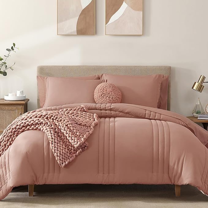 Monbix Queen Comforter Set - 7 Pieces Clay Pink Bed in a Bag Queen Bedding Sets with Comforters, All Seasons Comforter Bed Set with Sheets, Pillowcases & Shams