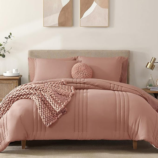 Monbix Queen Comforter Set - 7 Pieces Clay Pink Bed in a Bag Queen Bedding Sets with Comforters, All Seasons Comforter Bed Set with Sheets, Pillowcases & Shams