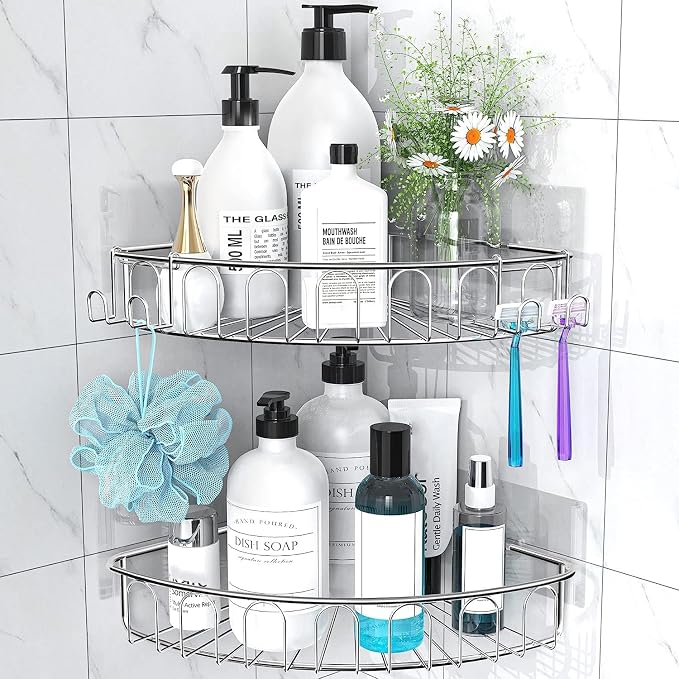 Orimade Corner Shower Caddy Stainless Steel with Hooks Wall Mounted Bathroom Shelf Storage Organizer Adhesive No Drilling 2 Pack, Silver Only for 90-Degree Corner - Image 2