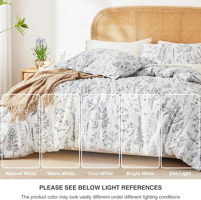 Love's cabin White King Size Comforter Set - King Comforter Set, 3 Pieces Cute Floral Bedding Sets for All Seasons,1 Soft Reversible Botanical Flowers Comforter and 2 Pillow Shams