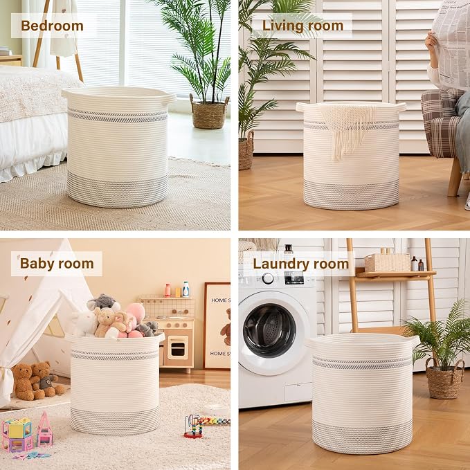OIAHOMY 80L Laundry Basket, Laundry Hamper, Cotton Rope Storage Basket with Handles, Decorative Woven Basket for Living Room,Storage Baskets for Clothes, Blankets, and Toys -20''×18'', White&Gray - Image 5
