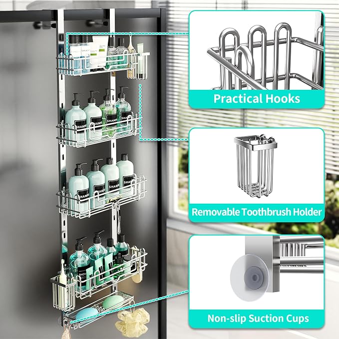 HapiRm 5 Tier Over the Door Shower Caddy, Hanging Shower Caddy with 28 Hooks and 2 Toothbrush Holders, No Drilling Adjustable Hanging Bathroom Organizer - Silver - Image 3