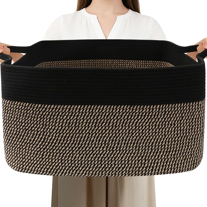96L Large Blanket Basket,24"x16"x15"Rectangle Storage Bin with Handles,Woven Rope Laundry Basket for Toys, Clothes,Magazines,Home Organization,Nursery,Living Room & Bedroom,Black&Jute by HZFTJOY