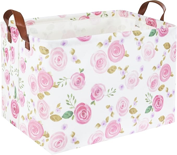 Rose Pink Baby Basket Nursery Baskets Girl Baby Storage Bins Rectangular Cute Kids Toy Storage Bin Organizer Book Shelf Basket Rose Room Decor(Pink Rose) by DDBASKET