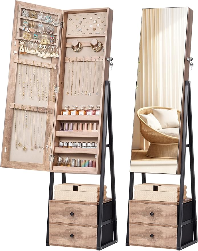 Nicetree Jewelry Cabinet Armoire with 2 Drawers,Standing Jewelry Mirror Cabinet, Full Length Mirror with Jewelry Storage, Lockable Jewelry Organizer with Mirror, Oak by Nicetree