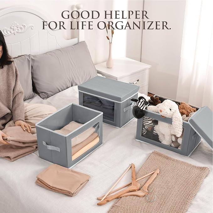 Homsorout Clothes Organizers and Storage - 6 Pack Large Storage Box with Lids, Foldable Closet Organizer with Lids, Decorative Basket Bins for Home, Dorm, Closet, Grey - Image 3