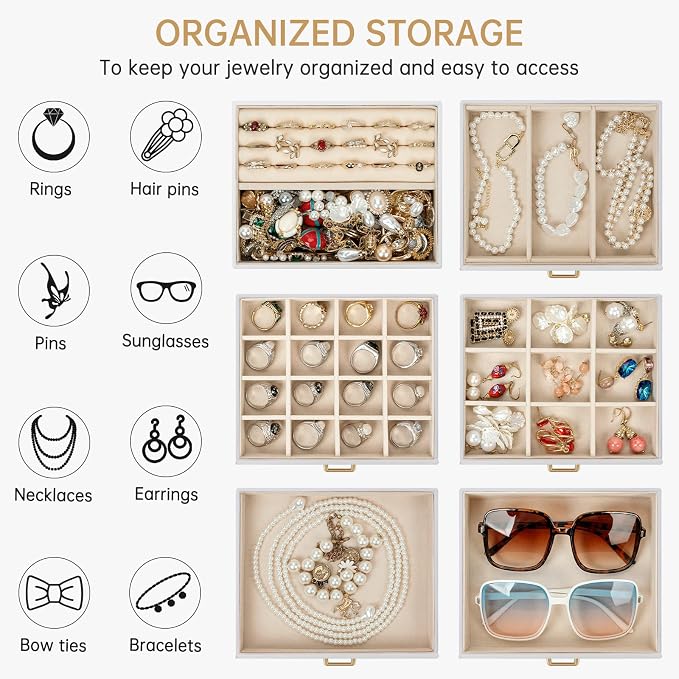 AKOZLIN 6-Tier Jewelry Box Organizer Functional 5 Drawers Leather Jewelry Storage Case for Women Girls Ring Necklace Earring Bracelet Holder Organizer with Mirror White - Image 4