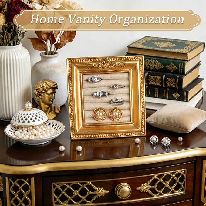Vintage Ring Holder Rectangle Gold Velvet Display Stand - Baroque Jewelry Organizer Box Tray for Wedding Engagement Anniversary Women Birthday Christmas Gift Photograph Prop (MPF05-Gold Beige) - Image 3