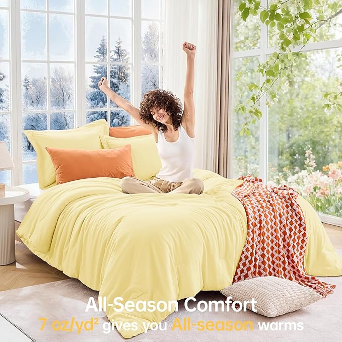 MUXHOMO King Size Comforter Set, All Season Ultra Soft Down Alternative Bedding - 3 Piece Lightweight Bed Set Includes 1 Comforter (104"x90") and 2 Pillow Shams (20"x36"), Cream Yellow