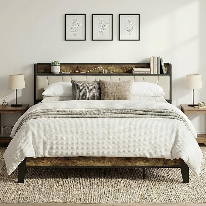 LIKIMIO King Bed Frame, Storage Headboard with Charging Station, Solid and Stable, Noise Free, No Box Spring Needed, Easy Assembly (Walnut and Beige)
