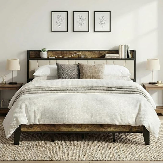 LIKIMIO King Bed Frame, Storage Headboard with Charging Station, Solid and Stable, Noise Free, No Box Spring Needed, Easy Assembly (Walnut and Beige)