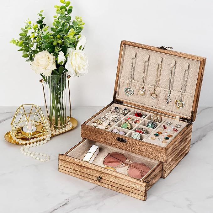 Pinzoveco Jewelry Box for Women, Rustic Wooden Jewelry Organizer Box for Storage Earrings Rings Necklace Bracelet, Farmhouse Style Wood Jewelry Boxes & Organizers (Torched Wood Color) - Image 2
