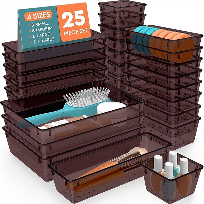 SpaceHacks 25 PCS Plastic Drawer Organizer Set, 4-Size Versatile Organizer Trays & storage Bins for Makeup, Jewelry, and Gadgets in Bathroom, Bedroom and Office,Brown by SpaceHacks