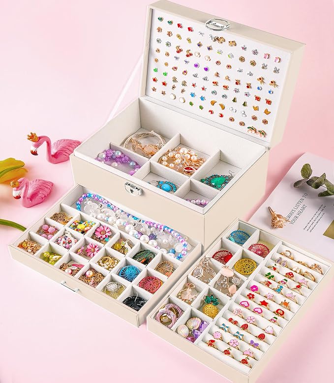 QBestry Earrings Jewelry Box for Girls, 5 Layers Jewelry Organizer with Earring Holder Organizer for Girls Earring Organizer Jewelry Boxes for Women Earrings and Necklaces Jewelry Box Organizer Beige - Image 3