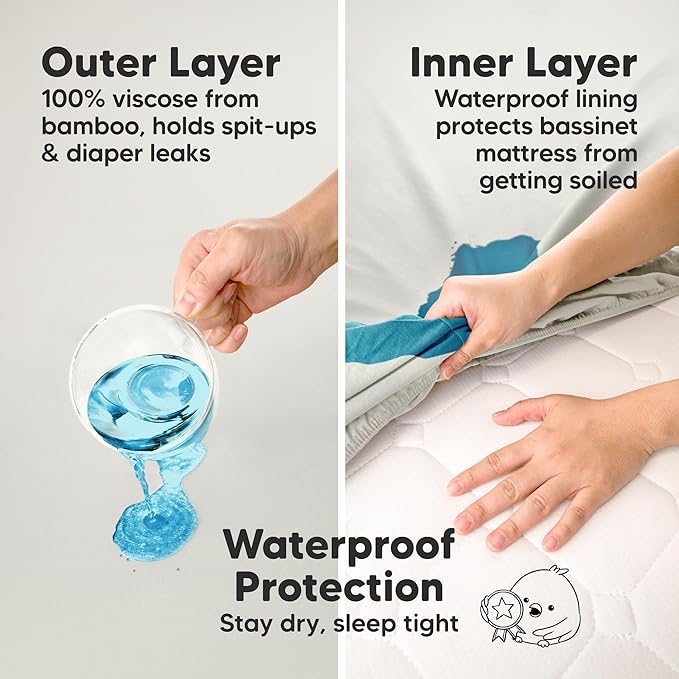 2-Pack Waterproof Bassinet Sheets Boy, Girl - 33x17 Baby Bassinet Mattress Protector Cover, Viscose Derived from Bamboo, Compatible with Graco, Baby Delight, Halo Bassinest Swivel Sleeper (Sage)