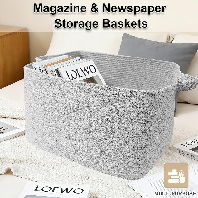Large Blanket Basket,Woven Rope Basket Storage Bin with Handles,65L Rectangle Laundry Basket for Magazines,Toys,Clothes,Newspaper Shelf Organization,Nursery and Living Room,Grey - Image 4