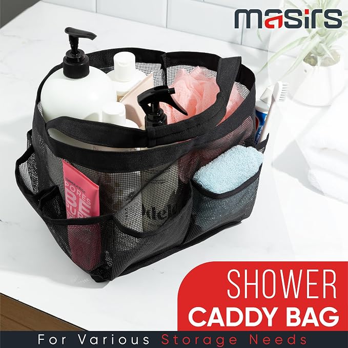 Masirs Shower Caddy Mesh - 9 Pocket Portable Bathroom Organizer Tote for Travel, Gym & Dorm - Collapsible Small Shower Caddy Bag to Hold Toiletries & Essentials (Black) - Image 2