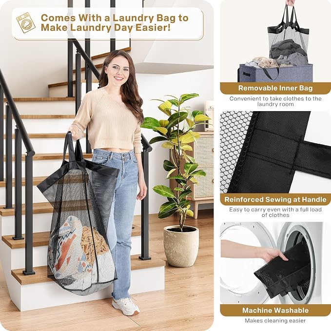 SOLEDI Large Double Laundry Hamper with Lid, Collapsible Clothes Hamper 2 section with Removable Bags, Space-Saving Laundry Basket for Bedroom, Dorm, College - Image 3