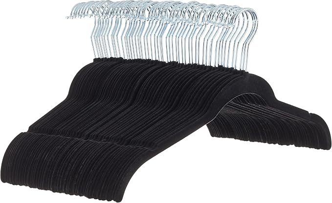 Amazon Basics Space-Saving Slim Velvet Non-Slip Clothes Hangers for Closet Organization, Sturdy with Shoulder Notches, Black, 50-Pack by AmazonBasics