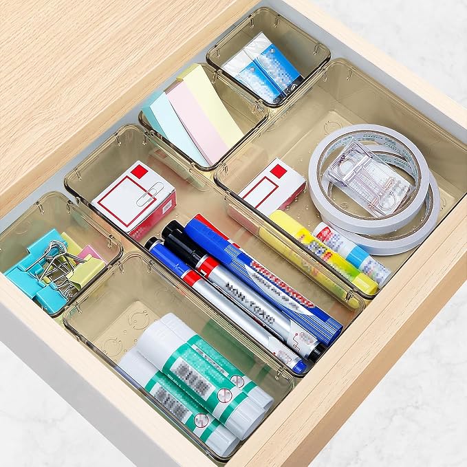 StorMiracle 25 PCS Drawer Organizer Set, 5 Varied Size Bathroom and kitchen Drawer cabinet organizer Trays, Clear Storage Bins for Makeup, Jewelry, Utensils and Gadgets, Champagne - Image 6