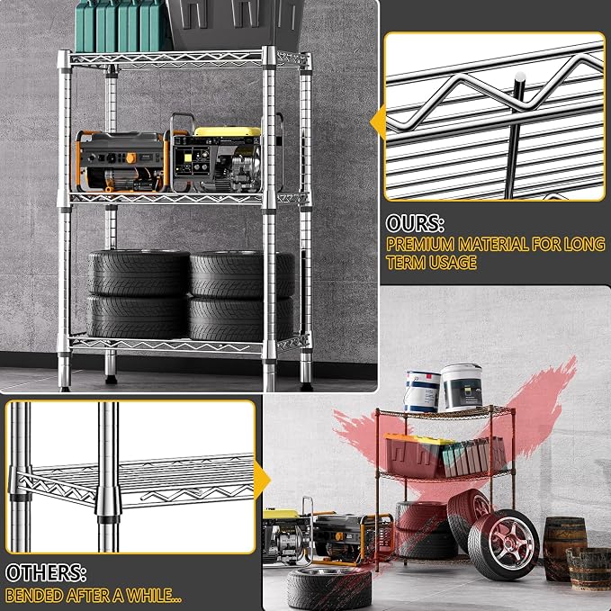 M MZG 750 lbs 3 Tier Shelf Metal Storage Shelves Shelving Wire Rack Heavy Duty Closet Organizers for Garage Kitchen Bathroom Laundry Chrome 13.8" D x 23.6" W x 35.5" H - Image 6