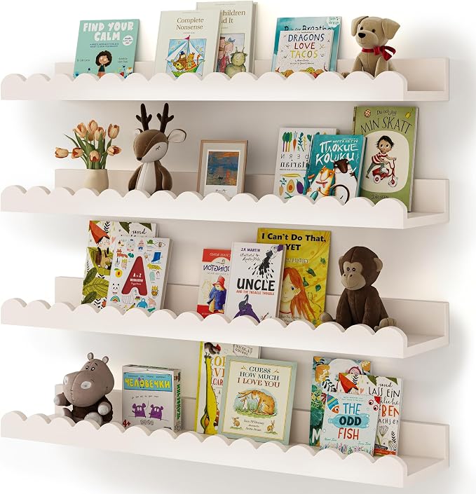Shario Nursery Book Shelves, 4-Pack White Floating Shelves for Wall Kids, Scalloped Shelves, Wall Book Shelves for Bedroom Kids, Toddler Room, Baby Room, Nursery Decor by Shario