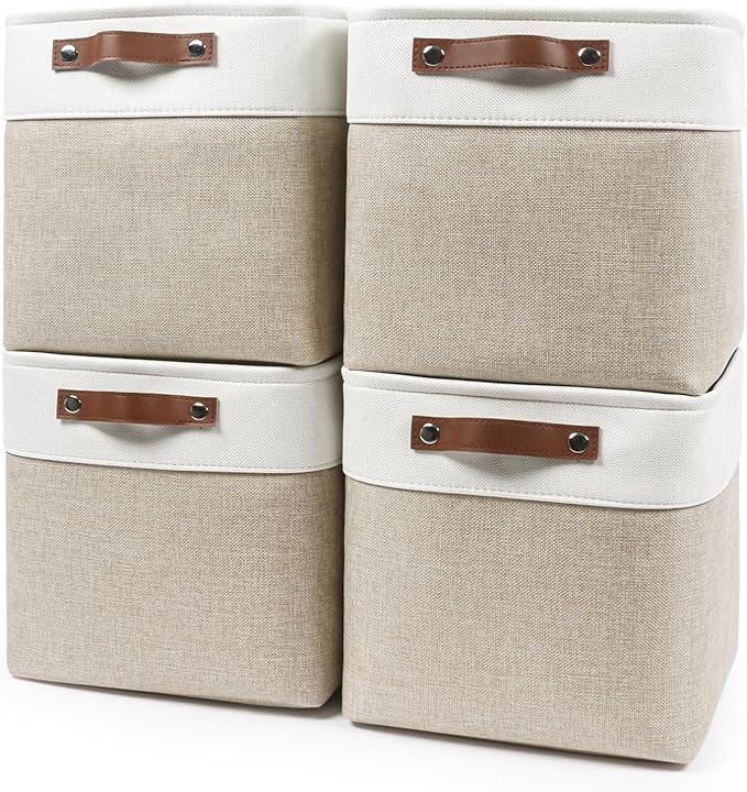 Bagnizer Collapsible Fabric Storage Cubes 11x11 Cube Storage Bins, 4 Pack Closet Baskets Box with Handles for Organizing, Shelf, Toys, Clothes, Home, Office, Nursery (Beige&White) by Bagnizer