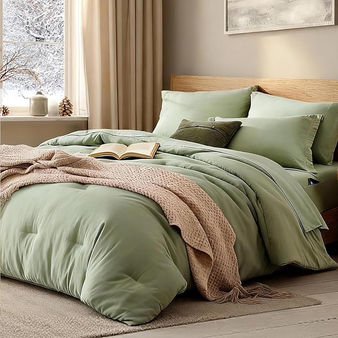WRENSONGE Super King Plus Comforter Set - 7 Pieces Sage Green Soft Bed in a Bag Super King Plus with Fitted Sheet, Flat Sheet, 2 Pillow Shams, and 2 Pillowcases- Warm Bedding Sets for All Season