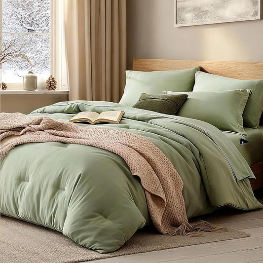 WRENSONGE California King Size Comforter Set- 7 Pieces Sage Green Bed in a Bag with Comforter, Fitted Sheet, Flat Sheet, 2 Pillow Shams, 2 Pillowcases, Warm Bedding Sets for All Season