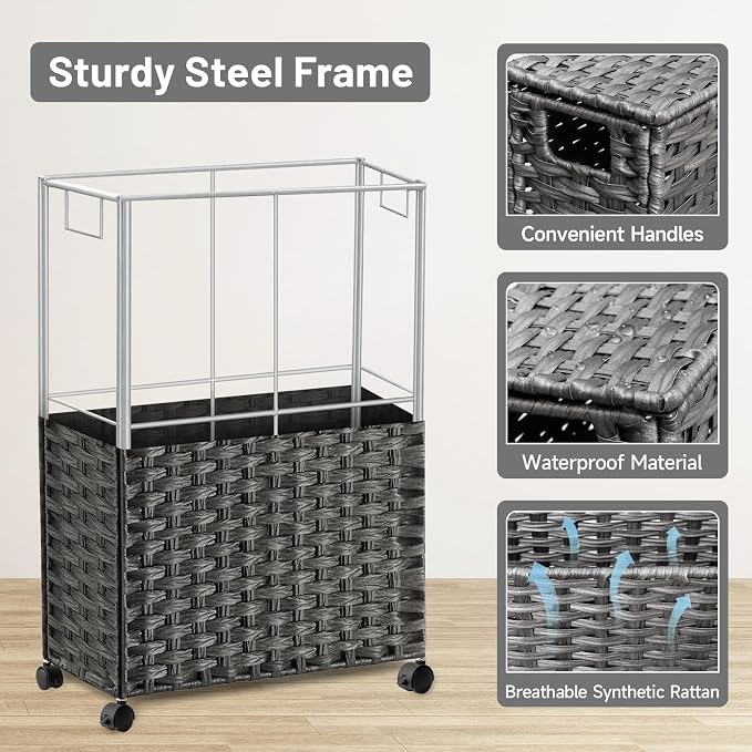 70L Slim Laundry Hamper with Lid & Wheels, 2-Park Rolling Laundry Basket with 4 Removable Liner Bags & 3 Mesh Bags, Narrow Dirty Clothes Basket, Foldable Handwoven Rattan Laundry Sorter, Grey - Image 7
